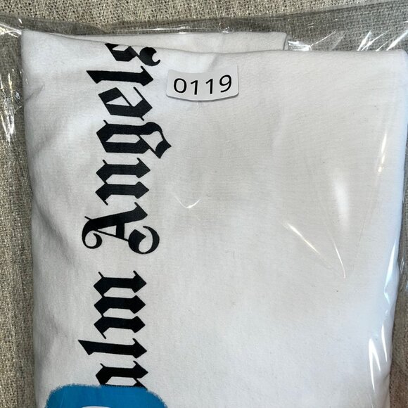 Palm Angels White T-Shirt With Blue & Black Print Short Sleeve Crew Neck Cotton - Picture 11 of 11